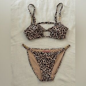 Leopard Print Two-Piece Bikini Set - Beige & Black
